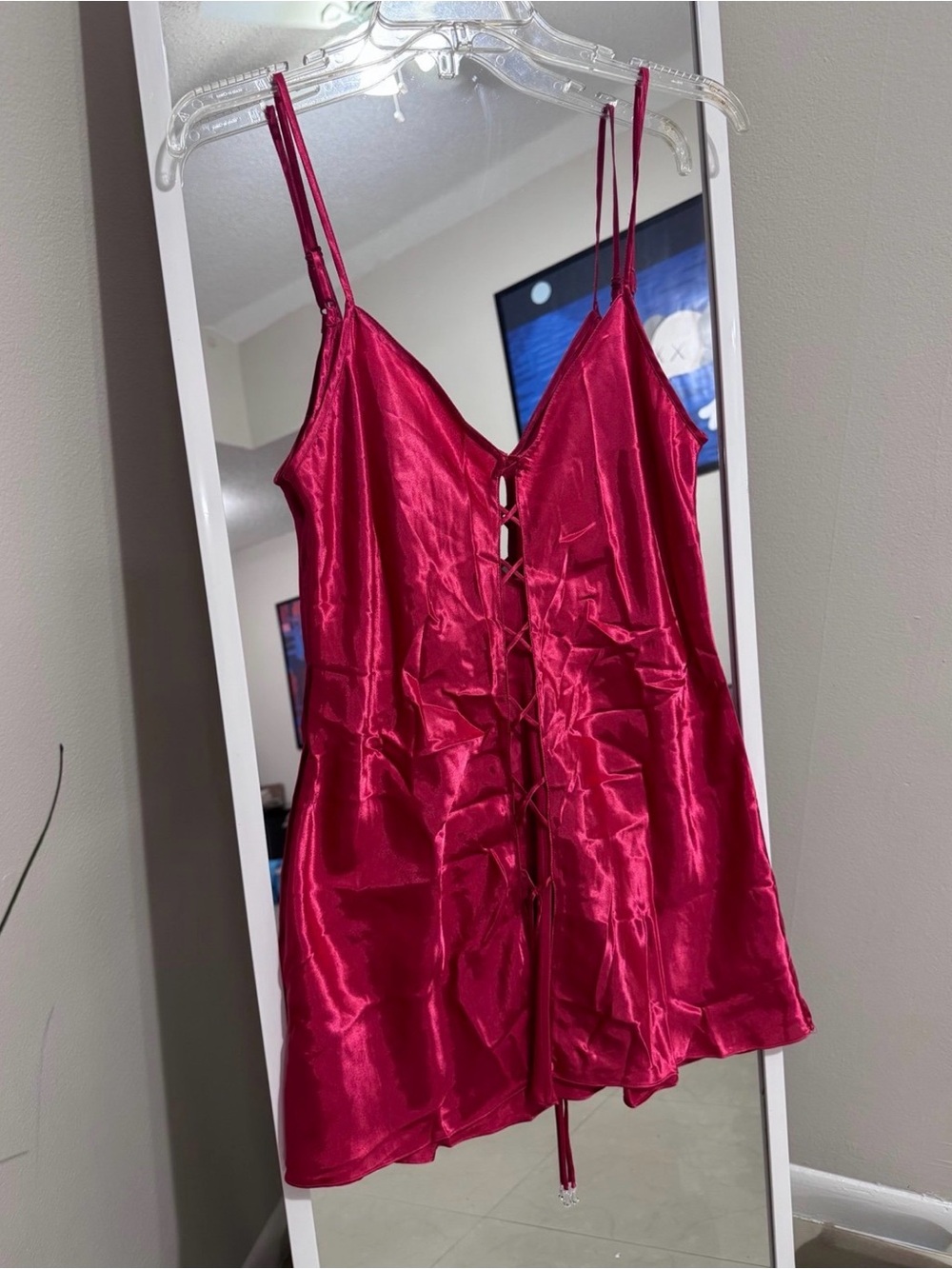La Senza Red Satin Lace Up Front Slip Dress Medium